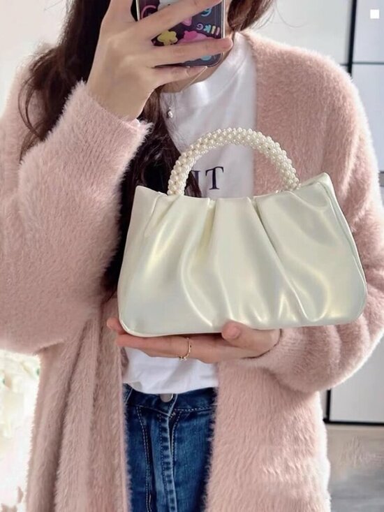Handbags - Beatfull Evening Purse Women Small Pearl Handbags soft Leather ruched bag weddin